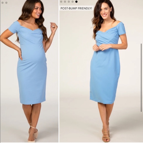 PinkBlush Light Blue Sweetheart Neckline Off Shoulder Maternity Fitted Dress - Picture 3 of 11